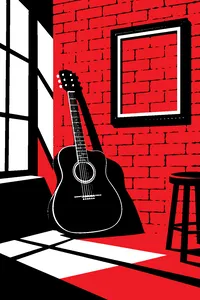 An acoustic guitar leaning against a painted brick wall, a single picture frame hung on it, empty.