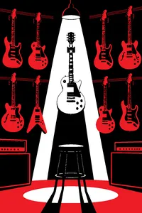 A guitar shop wall of hanging electric guitars with one single-cut electric guitar spotlit and an empty stool beneath it.