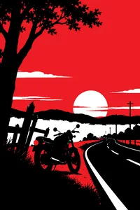 A dusty country road at dusk with a motorcycle parked by a broken fence.