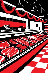 A supermarket meat counter decorated with tinsel and a small speaker hanging overhead.