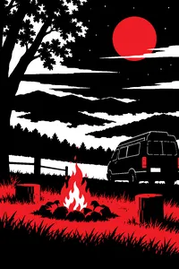 A smoldering campfire in a Tennessee field at night with a tour van parked nearby.