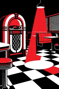 A 1960 jukebox glowing in an empty diner, one 45 mid-spin and a single slow-dance spotlight on the floor.