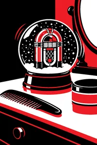 A shaking snow globe of a 1950s jukebox on a vanity next to a comb and a tub of pomade.