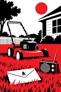 A lawnmower abandoned on a sunny suburban lawn beside a transistor radio and a sealed letter addressed to a capitol dome.