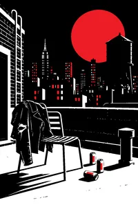 A tenement rooftop at night with beer cans, a ripped leather jacket on a chair, and a water tower against the skyline.