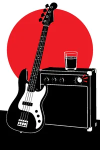 A muted bass guitar leaning against an amp with its volume knob cranked to the max, a still glass of water rippling on top.