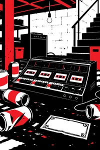 A four-track cassette recorder in a cluttered Ohio basement surrounded by empty beer cans and a ten-dollar bill.