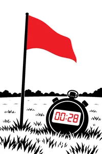 A small pink flag planted in a closely mown field, a stopwatch beside it reading 28 seconds.