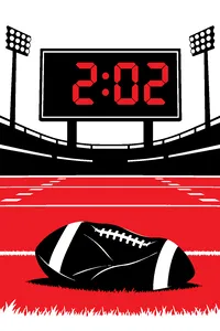 A stadium scoreboard-style digital clock reading 2:02, with a deflated football on the turf beneath it.