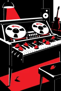 A vintage Mellotron in a dim studio with its tape reels spinning backwards, strawberries scattered across the keys.