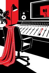A studio mixing console with one fader pulled all the way down and a second hand-drawn arrow pushing it back up, a gold rhinestone cape draped over the chair.