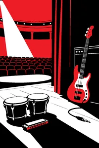 A small chrome harmonica and a pair of bongos at the edge of a theater stage, a bass guitar leaning half-unplugged against an amp in the wings.