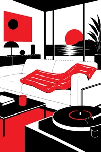 A deflated pool float slumped on a white leather sofa in a sleek modernist living room, a vinyl record's run-out groove glowing on a turntable nearby.