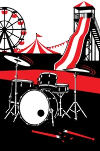 A drum kit after a session, cymbals still wobbling, two splintered drumsticks on the floor beside a carnival slide.