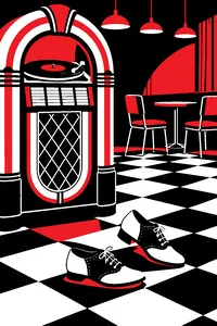 A jukebox in a 1960s dance hall with the record paused mid-spin, two-tone shoes frozen in a dance step on the checkered floor.