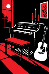 A Hammond organ in a candlelit room with one key held down, a twelve-string acoustic guitar leaning against the bench.