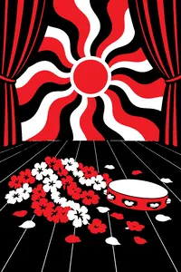 A theater stage backdrop of psychedelic colors with a pile of flower leis and a tambourine left on the boards after the curtain call.