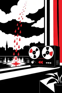 Rain falling upward from a puddle into gray clouds, a reel-to-reel tape recorder on a windowsill playing in reverse.