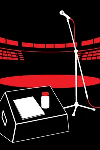 A doctor's prescription pad and a brown pill bottle on a stadium stage monitor, a microphone stand already knocked over and set back up.