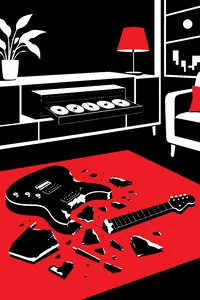 A five-disc CD changer with its tray open in a dark living room, a smashed black electric guitar lying in pieces in front of it.
