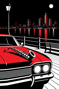 A tenor saxophone resting on the hood of an old car parked on a New Jersey boardwalk at night, the city lights across the water.
