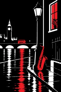 A rain-slicked London street at night with an alto saxophone leaning against a lamppost and a lit window above.