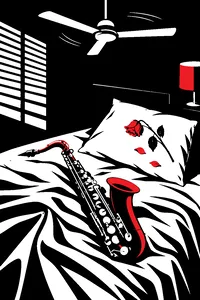 A saxophone lying on a satin bedsheet under a slowly spinning ceiling fan, a single wilted rose on the pillow.