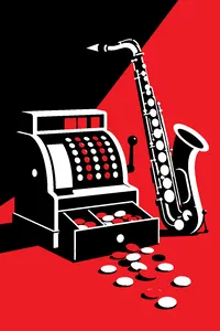 A vintage brass cash register with coins spilling out, a tenor saxophone propped against it on a studio floor.