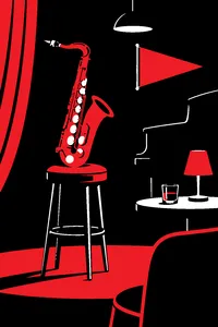 A tenor saxophone on a barstool in a dim jazz club, a crimson-colored football pennant shape on the wall with no writing.