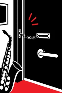 An apartment front door being knocked on, shown from inside, with a saxophone and a chain lock in the foreground.