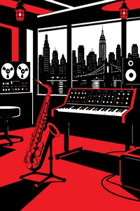A saxophone and a bulky early-80s synthesizer side by side in a New York recording studio with red warning lights.