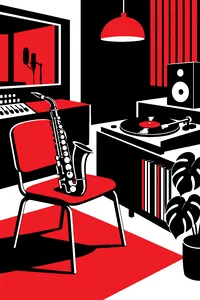 A 70s Philadelphia recording studio with an alto saxophone on a chair, a soul record spinning on a turntable beside it.