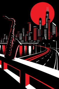 A neon city skyline at night seen from a highway overpass, a saxophone silhouetted against the glowing sky.