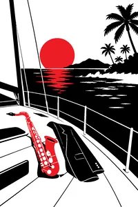 A white sailing yacht off a tropical Caribbean coast with a saxophone and a pastel suit jacket draped on the deck.