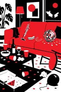 A messy suburban living room after a party with a soprano saxophone on the couch next to braces, a retainer and a disco ball.