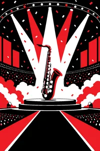 A saxophone glowing under colorful stage lights on a huge Eurovision-style stage, fog swirling and confetti in the air.
