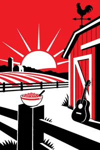 A farmyard at sunrise with a rooster weathervane, a cereal bowl on a fence post and a guitar leaning on the barn door.