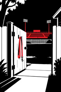 An open backyard gate with an empty leash hanging from it and stadium floodlights glowing in the distance.