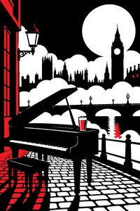 A full moon over foggy London rooftops with a piano on a cobblestone street and a pint glass on top.