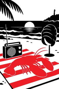 A red lobster on a beach towel beside a transistor radio and a beehive wig stand, ocean waves behind.