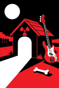 A doghouse glowing with radioactive light, a funk bass guitar leaning against it and a scattered bone.