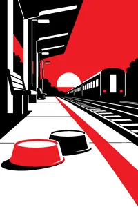 Two dog bowls on a railway platform at dusk with a train disappearing down the tracks.
