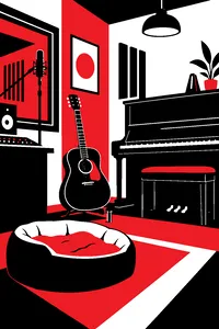 A dog bed next to an acoustic guitar with a slide and an upright piano in a recording studio.