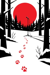 A snowy forest clearing with fox tracks leading to a microphone on a stand.