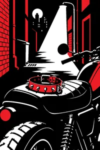 A spiked dog collar on a motorcycle seat in a dark city alley under a single street lamp.