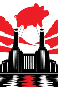 A giant inflatable pig floating between the chimneys of a brick power station.