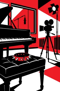 A bulldog's spiked collar on a piano bench in a recording studio, a film camera on a tripod nearby.