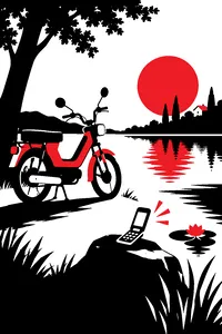 A small moped parked next to a pond with a lily pad and a ringing flip phone on a rock.