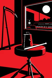 A single dented cowbell and a drumstick resting on a studio stool, a scythe leaning in the corner and moonlight through the control-room glass.