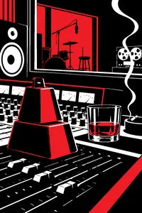Two stacked cowbells on a producer's mixing desk next to a half-empty whiskey glass in a smoky 1969 studio.